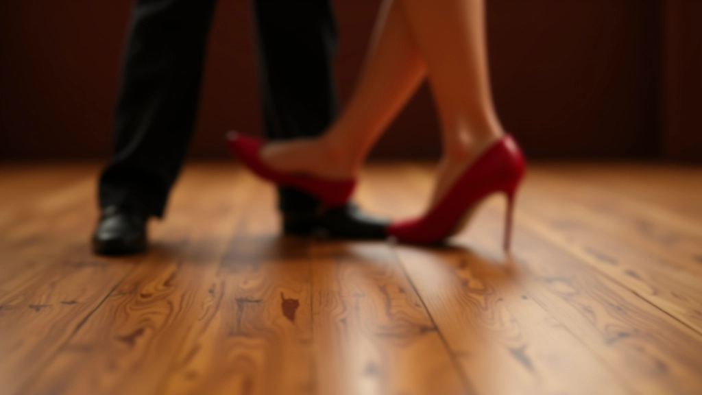 Close-up of dancers' feet showing proper salsa footwork position on a dance floor, demonstrating weight distribution and foot placement