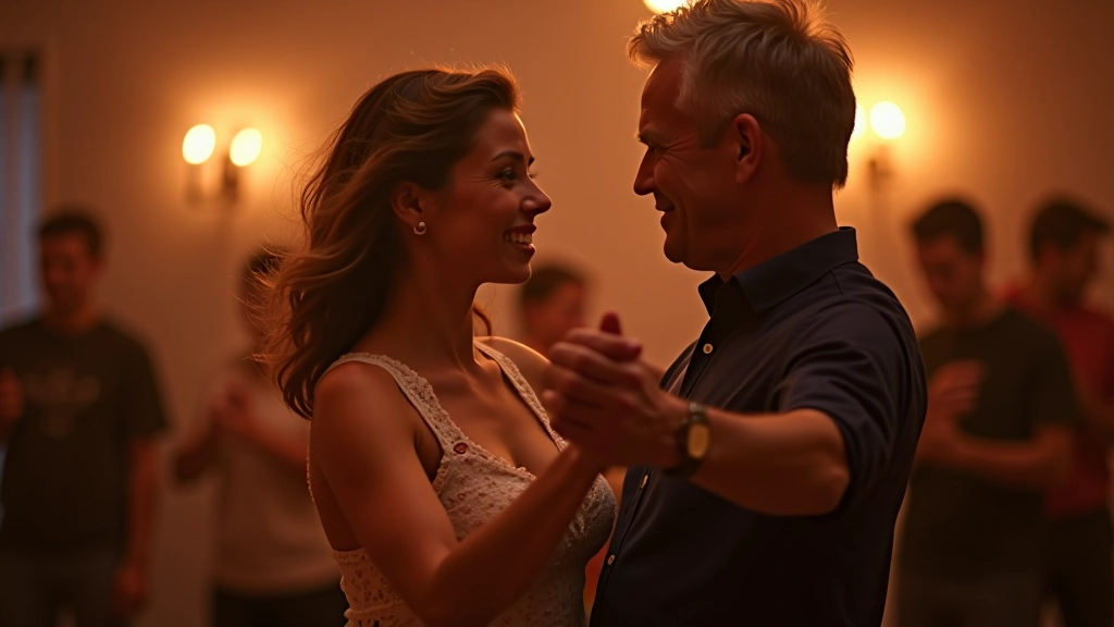 Two dancers in close connection during a bachata dance, showing proper frame and posture with warm lighting and focused expressions