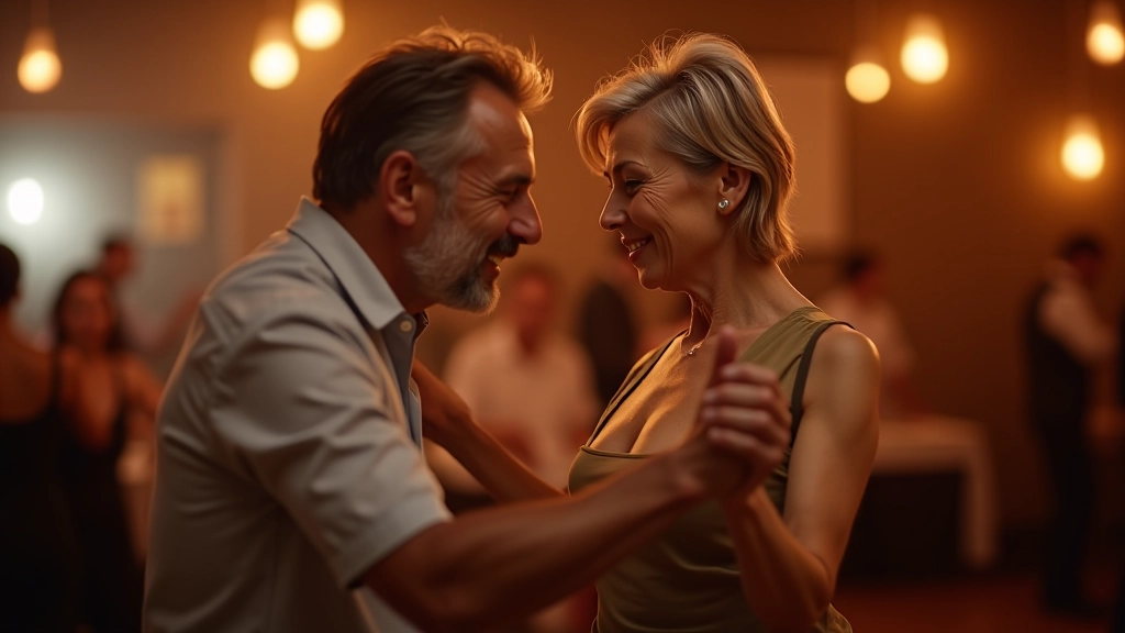 Mature couple dancing bachata together, close connection with proper frame and relaxed posture