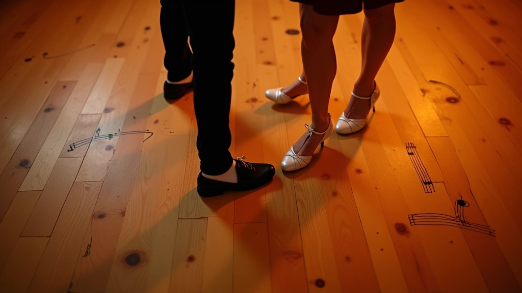 Overhead view of two pairs of feet performing synchronized bachata steps on a wooden dance floor with rhythmic positioning