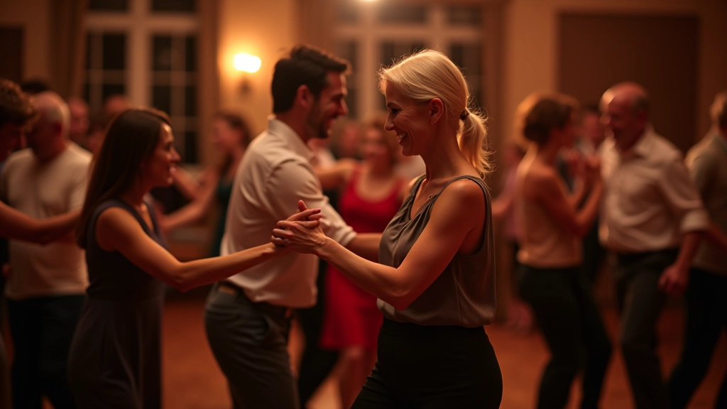 Group of adult dancers interacting respectfully on dance floor