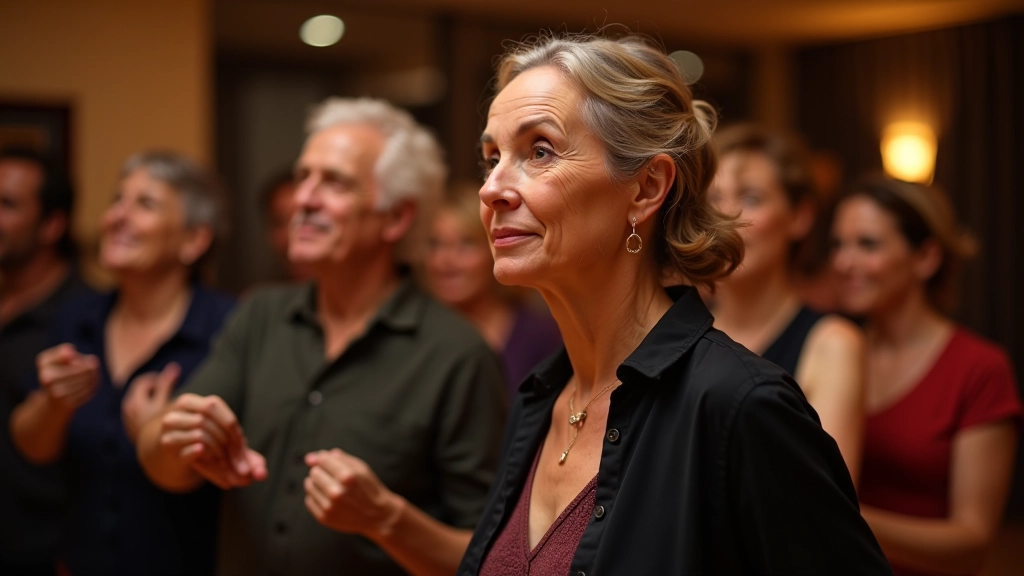 Group of mature adults learning dance together with focused attention and community spirit