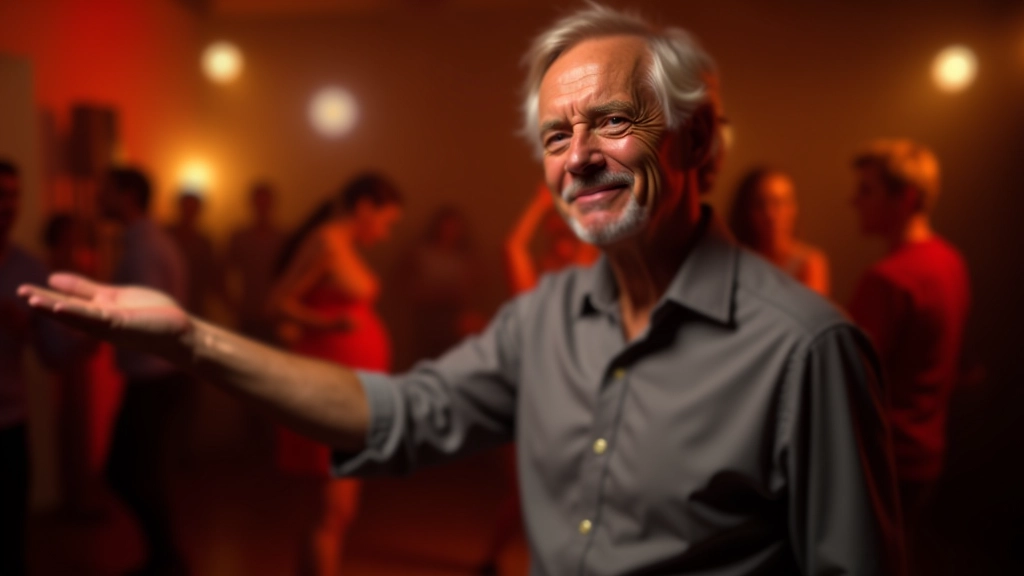 Man extending hand to invite a woman to dance on a social dance floor, both smiling with relaxed posture and open body language